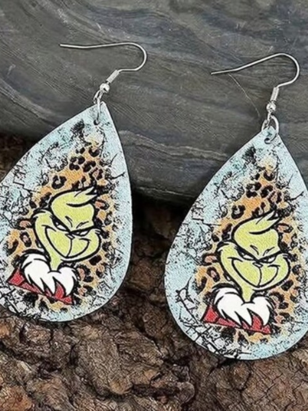 Light Blue Leopard Grinch Teardrop Dangle Earrings
